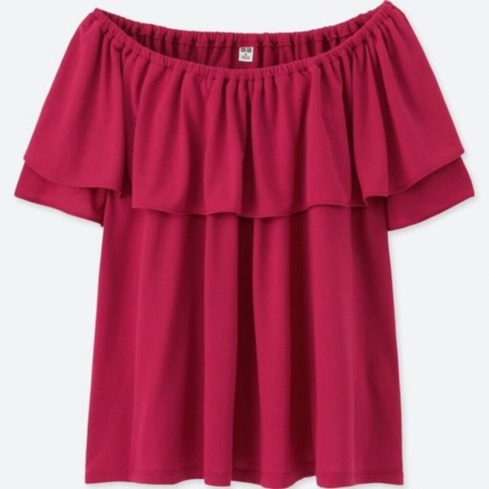 Uniqlo Women's XS Off the Shoulder Ruffle Top Barbiecore EUC